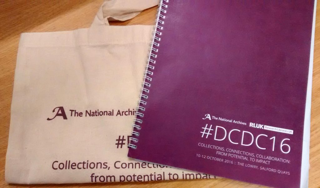 Programme and branded tote bag from the Discovering Collections, Discovering Communities 2016 conference