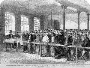 An 1862 newspaper illustration showing people queueing for food and coal tickets at a district Provident Society office.