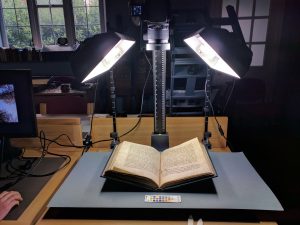 Book on flat copystand with dramatic lights